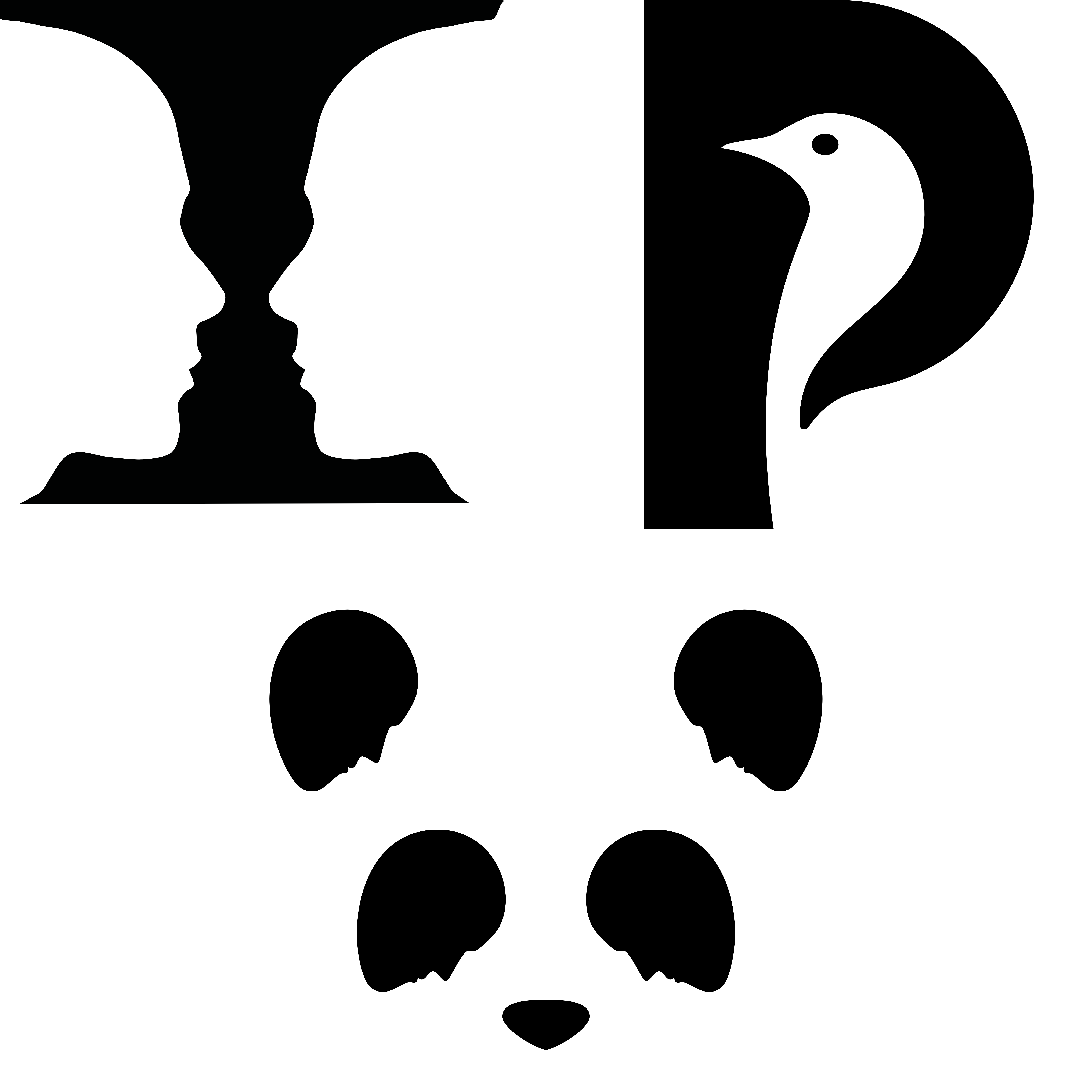 Esempi in bianco e nero di psicologia della gestalt: un vaso da cui si scorgono due volti, un logo da cui si scorgono una p ma anche un uccellino, e il logo del wwf che rappresenta un panda.