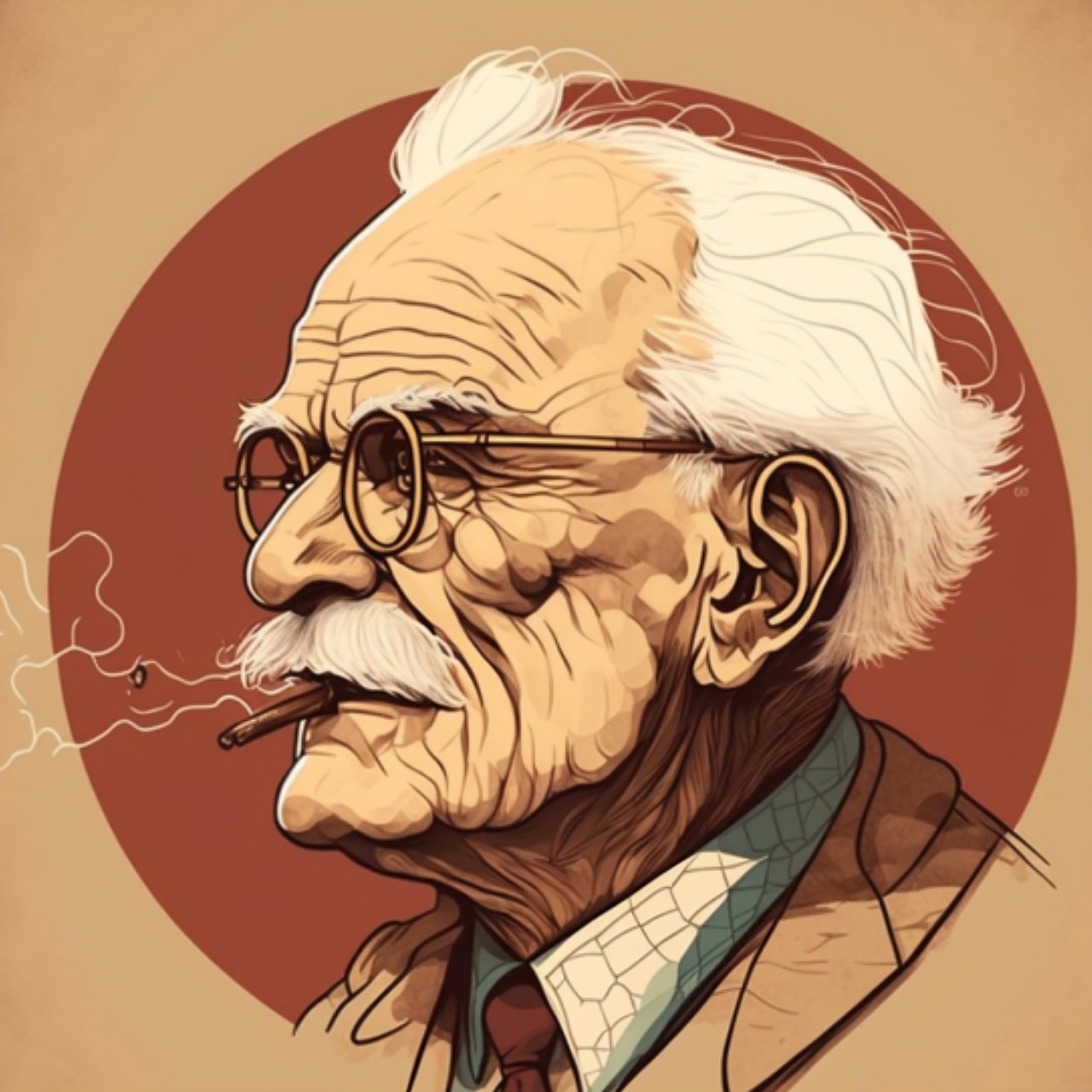 Illustrazione di Carl Jung e sotto un cerchio marrone con lo sfondo di tonalità sabbia. L'illustrazione esce dal cerchio e si fonde con lo sfondo.